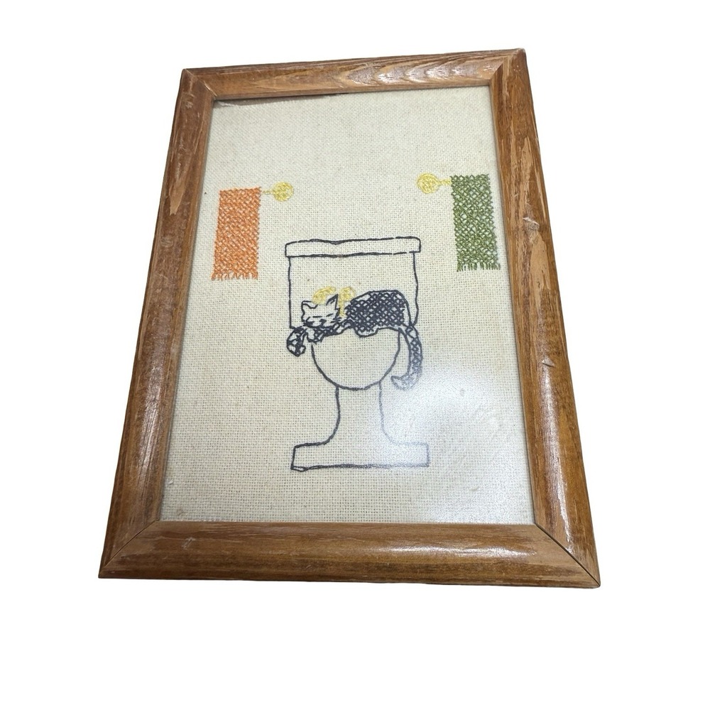 Vtg wood framed cross stitch cat on toilet bathroom decor